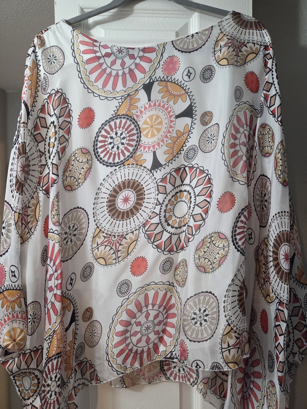 Tina Stephens Women’s White Printed Boho Blouse with Coral and Tan Accents